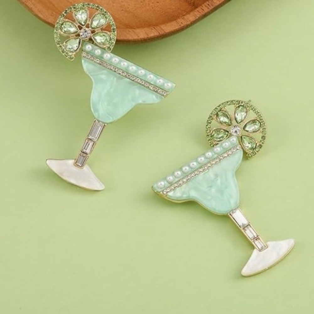 Margarita Earrings Novelty Drink Cocktail Rhinestone Gem Dangle Drop